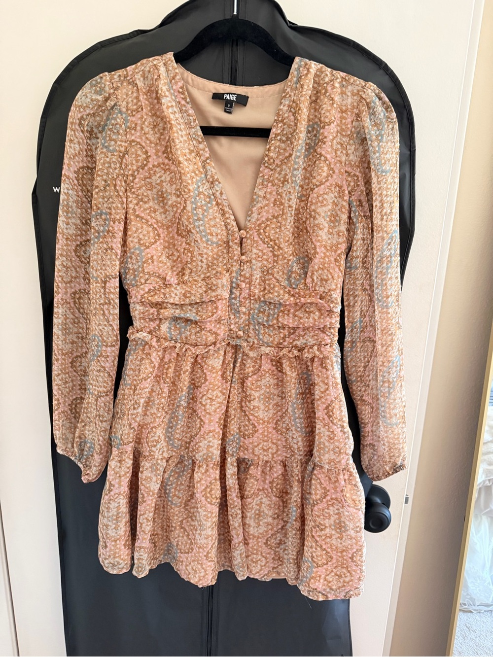 PAIGE Peach and Light Blue Paisley Long-Sleeve Mini Dress
